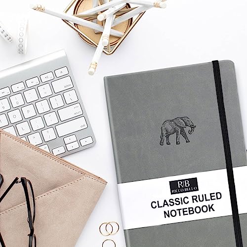 RICCO BELLO Lined Journal Notebook, Faux Leather Hardcover, Elephant | With Pen Holder, College Ruled, 96 Sheets / 192 Pages, 5.7 x 8.4 Inches, For Work & Notes - color: Grey Elephant