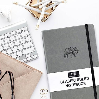 RICCO BELLO Lined Journal Notebook, Faux Leather Hardcover, Elephant | With Pen Holder, College Ruled, 96 Sheets / 192 Pages, 5.7 x 8.4 Inches, For Work & Notes - color: Grey Elephant