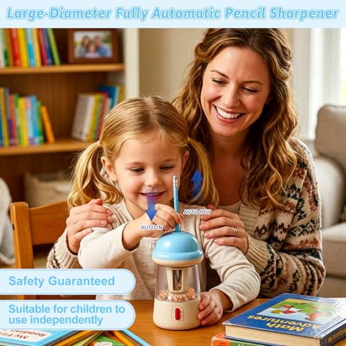 Rechargeable Electric Pencil Sharpener, 6-12mm Auto in & Out Fully Automatic Pencil Sharpener for Kids, Large Capacity Battery Powered, with Cartoon Stickers Ideal for Classroom & Home (Blue-White) - color: Blue-white