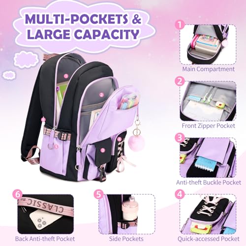 ACESAK Kids School Backpack for Girls, 4-In-1 Bookbag Backpack Set with 14OZ Insulated Kids Water Bottle, Lunch Bag Set for Girls Kid Teens Middle School Student, Girl Backpack for Schools - color: Black-purple