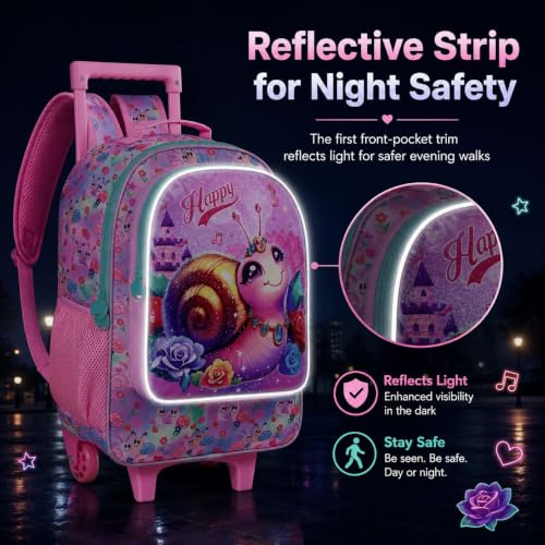 3Pcs Rolling Backpack for Girls, Kids Roller School Backpack with Wheels, Snail Wheeled Bookbag for Elementary Preschool Kindergarten(Pink) - color: Snail Pink
