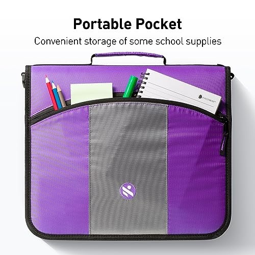 3-Inch Zipper Binder, Round Ring Binder with Expanding Files, Handle and Shoulder Strap, Violet - color: Violet