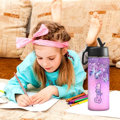 MyPupSocks Personalized Kids Water Bottle with Name for School, Custom Water Bottle with Straw Lid Stainless Steel 18oz, Personalized Christmas Birthday School Gifts for Boys Girls Kids - color: Color 91