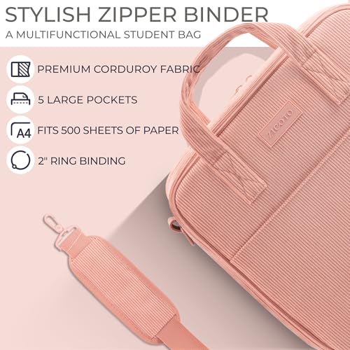 Sturdy 3-Ring Zipper Binder with Shoulder Strap for School – Beautiful 2-Inch Zip-Up Binder with Extra Pockets Holds 500 Sheets, Books & Laptop – Easy-to-Carry Trapper Keeper Made of Premium Fabric - color: Pink