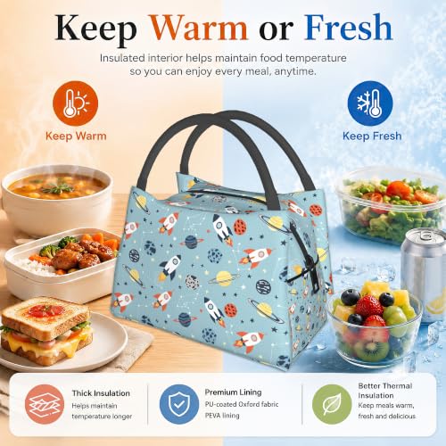 Cartoon Rockets Insulated Lunch Bag,Cute Blue Planets Lunch Box for Women,Girls Boys Thermal Insulation Cooler Tote Bag Lightweight for Student School Work Picnic - color: Cartoon Rockets