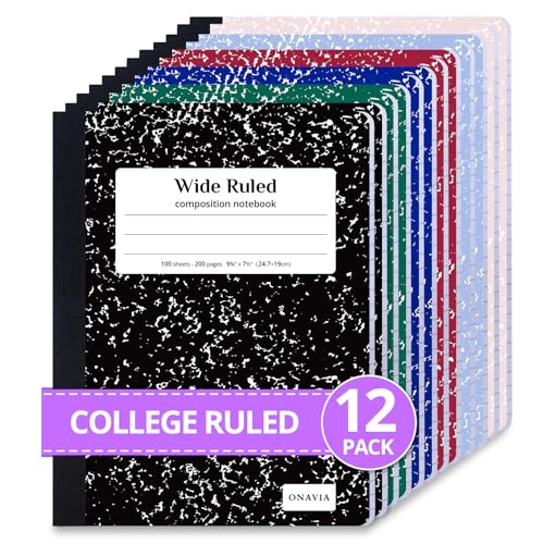 ONAVIA Composition Notebook Wide Ruled 12 Pack, 200 Pages (100 Sheets), 9-3/4 x 7-1/2, Marble Composition Books Bulk, Notebooks for School, Work, Durable Comp Book, School Supplies, Assorted Colors | 100 Sheets, 9.75 x 7.5 in, 12 Pack Wide Ruled Compositi
