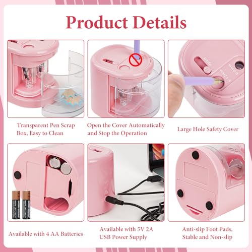 AUAUY Automatic Electric Pencil Sharpener with 2 Hole Sizes, Battery Operated with 4 Knife Holders & Charger, for Standard & Makeup Pencils (Pink) - color: Usb-pink