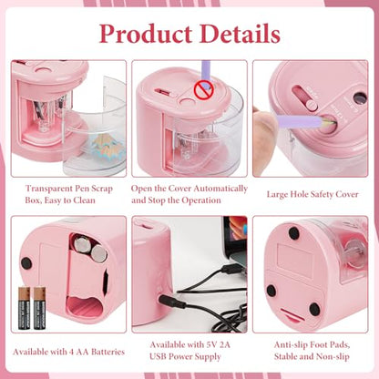 AUAUY Automatic Electric Pencil Sharpener with 2 Hole Sizes, Battery Operated with 4 Knife Holders & Charger, for Standard & Makeup Pencils (Pink) - color: Usb-pink