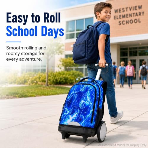 3Pcs Large Rolling Backpack for Boys, 20 Inch Detachable Wheeled Bookbag with Lunch Box, Durable Lightning Soccer Roller Backpack for Elementary Middle School (Blue) - color: Large Wheels Soccer Blue