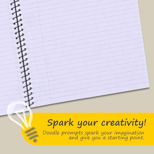 DoodleWrite Wide Ruled Spiral Notebooks, Student School Notebook with Doodle Prompts for Focus & Creativity, Perforated 3-Hole Punched Pages, 8" x 10.5" 50 Sheets, Bulk 24 Pack - size: Wide Rule (Pack of 24), style: 24 Pack
