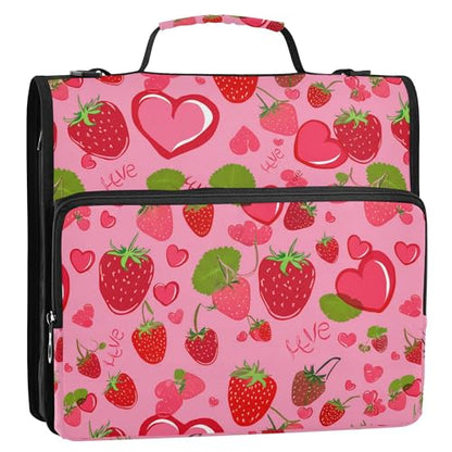 Cute Strawberry Zipper Binder 3 Ring with Shoulder Strap, Multiple Pockets Expanding File Folder Binder Bag Organizer