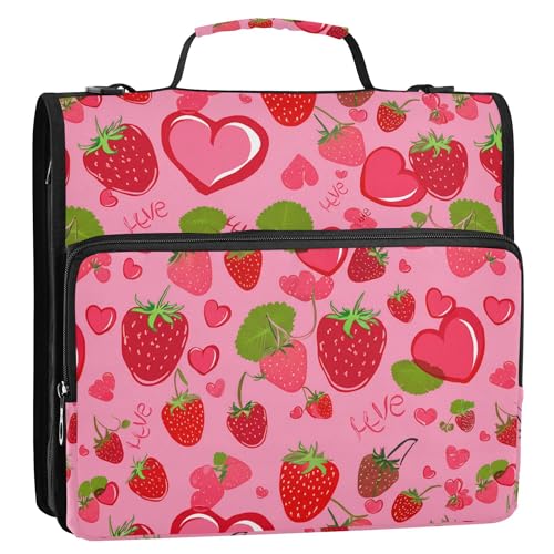 Cute Strawberry Zipper Binder 3 Ring with Shoulder Strap, Multiple Pockets Expanding File Folder Binder Bag Organizer