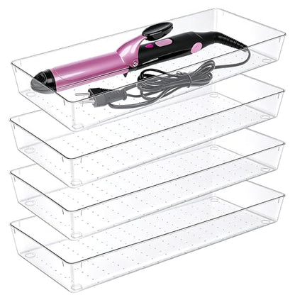 Manalete 4 Pack 15"x6" Extra Large Clear Plastic Drawer Organizer Trays, Multi-Purpose Storage Bins for Vanity, Makeup, Kitchen Utensils, Bathroom, Office Desk, Auto Tools & Craft Supplies - size: 4 Pack 15"×6"