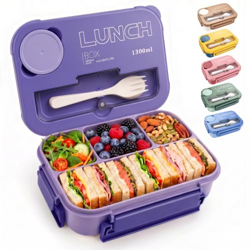 Bento Box Adult Lunch Box, Lunch Containers for Adults 44.5 Oz/5 Cup,Purple | BPA-Free, Lid-Top Sauce Tray, Leak-Proof, 1300mL, Removable Silicone Sealing Ring, Lid-Top Utensil Slot with Included Cutlery - color: Purple