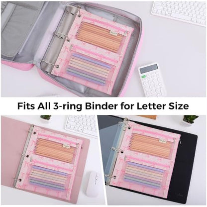 SKYDUE 3 Ring Pencil Pouch for Binder, Zipper Binder Pencil Pouch with 3 Pockets and Mesh Window, Durable Organizer for School Supplies, Cables, Earbuds, Makeup - color: Pinkbow