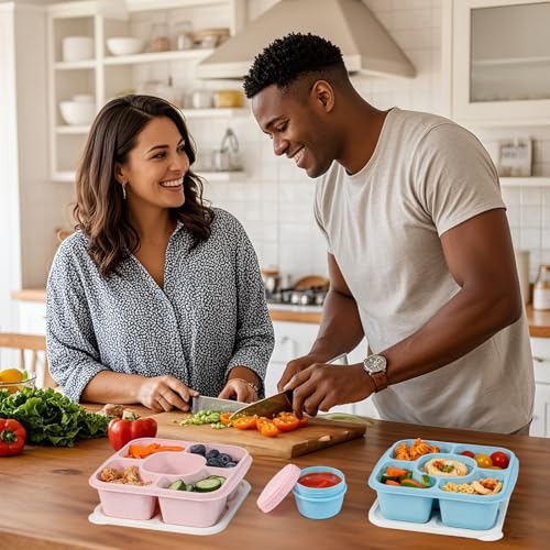 Original Lunchable Snack Containers - 5 Compartments Bento Snack Boxes with 1 Leakproof Small Containers, Wheat Straw, BPA-Free, Set of 2 (Bule+Pink) - color: Bule+Pink