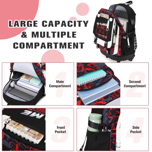 Bevalsa Rolling Backpack for Boys, Roller Backpack with Wheels, Wheeled School Bag with Sling Bag, Lunch Box & Pen Case for Kids Children Teens Elementary Middle Student Glow In The Dark - color: Red