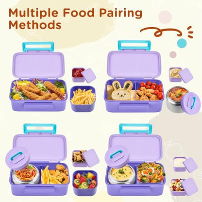 MAISON HUIS Bento Box for Kids with 8oz Soup Thermo, Insulated Lunch Bag & 17oz Water Bottle, 2-Compartment Bento Box with Built-In Ice Pack, Leak-Proof & BPA-Free (Purple) - color: Purple