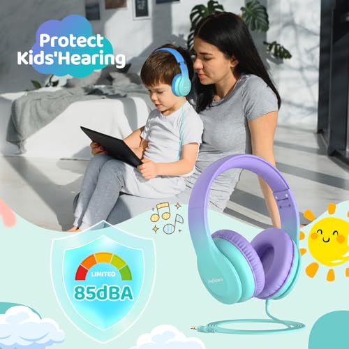 JoySpark Kids Headphones, Over-Ear Wired Headphones for Kids, 85dBA Volume Limited, Foldable Stereo Sound Toddler Headsets, 3.5mm Jack for School Entertainment, Gradient Purple - color: Gradient Purple