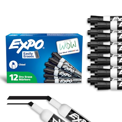 EXPO Dry Erase Markers, Low Odor Ink, Black, Chisel Tip, 12 Count - Whiteboard, Calendar, Organization, Essential Supplies for Office, School, Classroom, Teachers