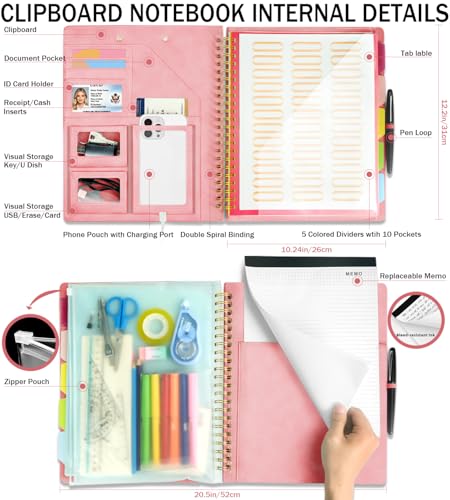 Pink Foldable Spiral Clipboard Folio with Storage Zipper Pouch, 5 Plastic Folders with Pockets,Refillable Lined Notepad (8.5" x 11"), Hardcover Project Organizer with 39 Stickers - color: Pink