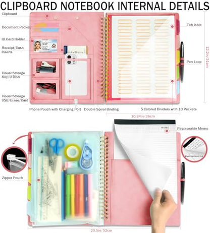Pink Foldable Spiral Clipboard Folio with Storage Zipper Pouch, 5 Plastic Folders with Pockets,Refillable Lined Notepad (8.5" x 11"), Hardcover Project Organizer with 39 Stickers - color: Pink