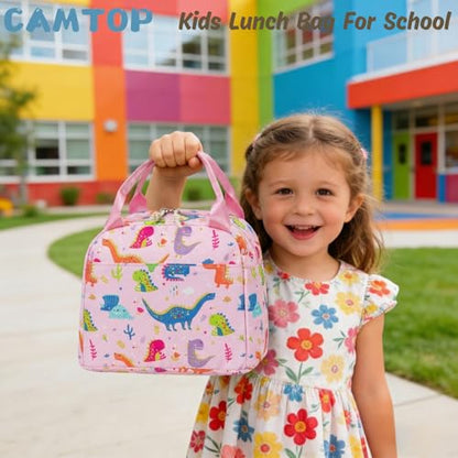 CAMTOP Girls Lunch Box Kids Insulated Lunch Bag Kids Cute Lunchbox for Girls Loncheras Para Niñas - color: Pink Dinosaur