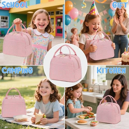 CAMTOP Lunch Box Kids Insulated Lunch Bag Large Reusable Leakproof Cooler Lunch Bags for Boys Girls School Travel Picnic (Pink and White Checkered) - color: Pink and White Checkered