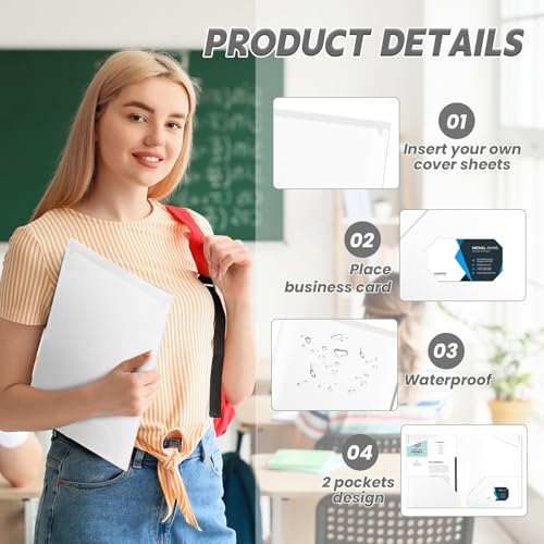 Henoyso 60 Pack Plastic Folders with Clear Front Pockets Bulk Heavy Duty File Folders with 2 Pockets and Card Slot for Student Teacher Back to School Supplies Office Presentation (White) - color: White