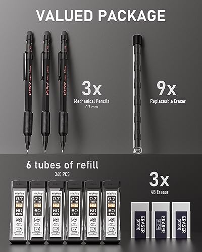 Nicpro 0.7 mm Mechanical Pencil Set with Case, 3PCS MP2000 Metal Artist Mechanical Pencil With 6 Tube HB Lead Refills, Eraser, Weatherproof Barrel for Outdoor Writing Drafting Drawing Sketching - size: 0.7mm