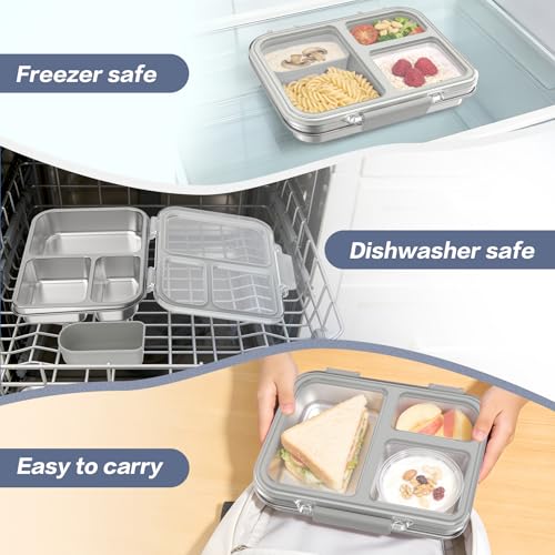 Stainless Steel Bento Box for Kids, 3-Compartment Metal Lunch Box with Clear Lid & Removable Silicone, Lunch Box Kids with Silicone Inner Container for Meal Prep, School, Office (Grey) - color: Grey