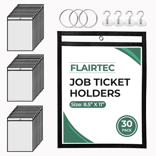 Job Ticket Holders 10x14 - (30 Pack) 8.5x11 Letter Size | Reusable Dry Erase Pockets Black with Metal Rings & Hooks | Durable Clear Shop Sleeves for Work Order | Perfect for Classrooms - style: Black (30 Pack)