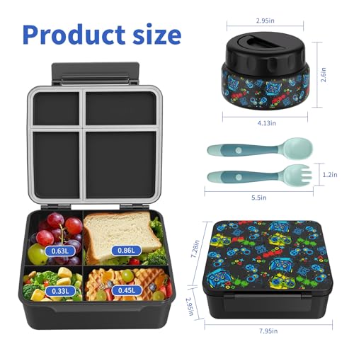 Bento Box for Kids with Thermo Food Container (9oz), 4-Compartment Lunch Box, Adjustable Divider, Leakproof Bento Lunch Box, Includes Utensils & Carry Bag for School, Office(Black-Game) - color: Black-Game