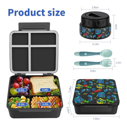 Bento Box for Kids with Thermo Food Container (9oz), 4-Compartment Lunch Box, Adjustable Divider, Leakproof Bento Lunch Box, Includes Utensils & Carry Bag for School, Office(Black-Game) - color: Black-Game