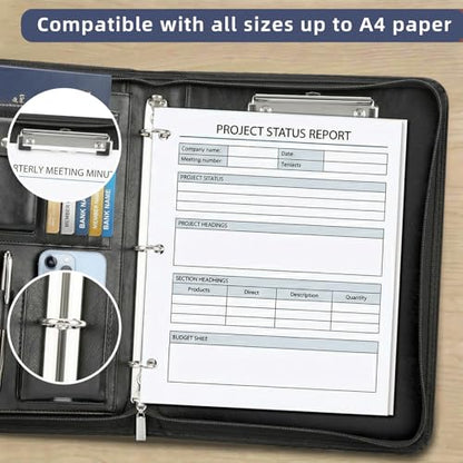 Zippered Padfolio with 3-Ring Binder & Clipboard, PU Leather Portfolio Organizer for Men Women, A4 Document Holder with Phone Pocket Pen Loops Card Slots, Professional Business Interview Folder Black - color: Black