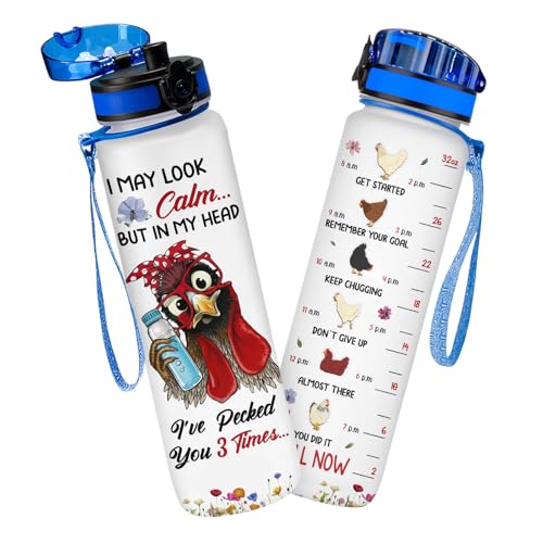 Funny Chicken Water Bottle 32oz, Stop Slacking Drink Your Water Tumbler with Time Marker, Cute Rooster Farm Gift for Chicken Lovers Women Mom - color: Chicken