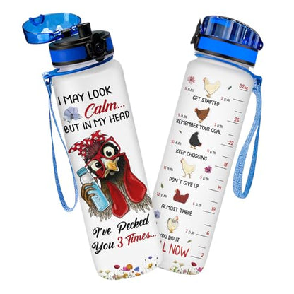 Funny Chicken Water Bottle 32oz, Stop Slacking Drink Your Water Tumbler with Time Marker, Cute Rooster Farm Gift for Chicken Lovers Women Mom - color: Chicken