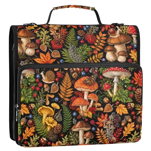 Zipper 3 Ring Binder Bag Mushrooms Forest Autumn Expanding File Portfolio Storage Organizer 2-Inch, 500 Sheets Multi-Pocket Shoulder Strap for School Office Kids Adults - color: Navy Grey Mushrooms