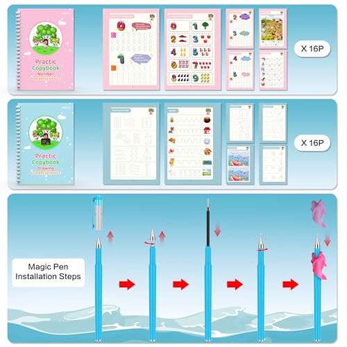 WANFRES Magic grooved Writing Practice Books Great for Beginners, 5 Books, 2 pens, 2 Pencil Grips, 20 Refills. grooved Handwriting Practice for Kids 3-10, Reusable grooved Handwriting workbooks. - color: 5 books with pen