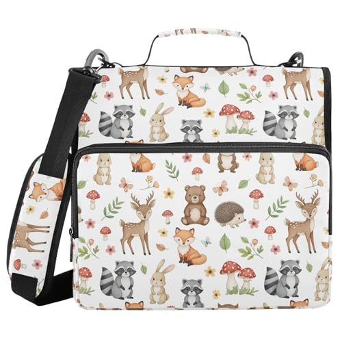 Zipper Binder Bag 3 Ring File Folder Portfolio Organizer Zippered Binder Bags with Strap Fits Laptop Women Men - color: Multi-cute Animals Woodland