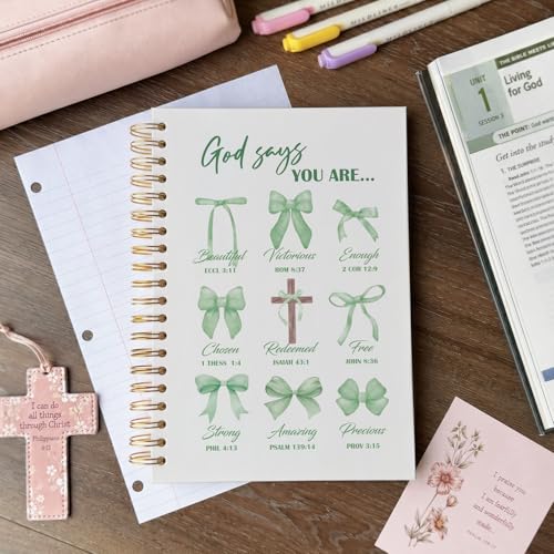 VONTP Bible Green Bow Christian Notebook Journal for Women, 5.5 x 8.3 Inch | Christian Girl Energy Journal, Christian Study Notebook, Cute Preppy Bible Study Spiral Notebook for Bible Notes - color: 001-Green