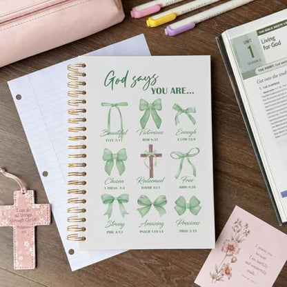 VONTP Bible Green Bow Christian Notebook Journal for Women, 5.5 x 8.3 Inch | Christian Girl Energy Journal, Christian Study Notebook, Cute Preppy Bible Study Spiral Notebook for Bible Notes - color: 001-Green