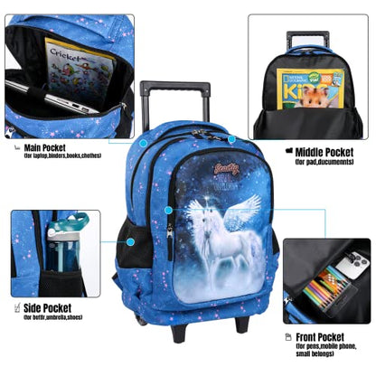 seastig Rolling Backpack 18in Double Handle Backpack Kids Wheeled Backpack Roller Backpack with Lunch Bag Set Girls Boys - color: White Horse
