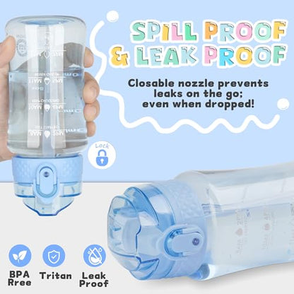 OLDLEY 12oz Kids Water Bottle, Tritan BPA-Free, Leakproof Flip Straw Lid, Motivational Time Marker, Carry Strap, Reusable Clear Water Bottle for Boys & Girls,Baby Blue - color: Baby Blue, style: 12 Ounces