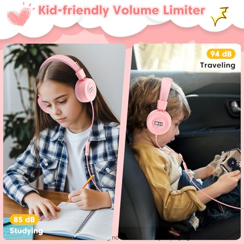Bywulanda USB-C Kids Headphones with Digital Timer, Pink | Foldable Adjustable Lightweight, 85/94dB Volume Limit, On-Ear with Microphone, For Toddler Students Tablet iPad - color: Pink