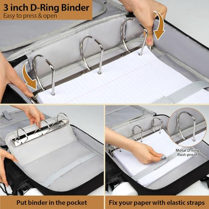 3 inch D-ring Zipper Binder Bag for 700 Sheets&13 inch Laptop Organizer, Detachable Zip Up Binder with Removable Pen Case& Bottle Pocket for Middle High School Office Supplies Storage (Black)