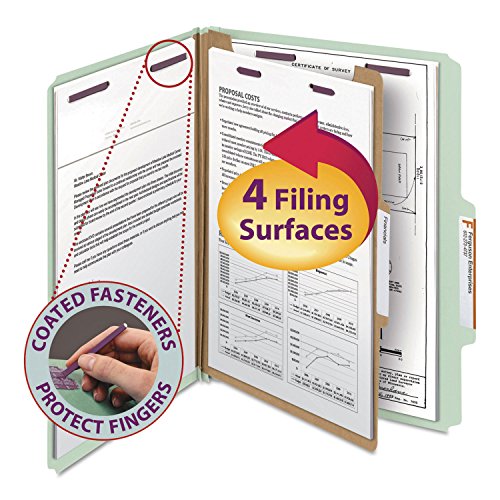 Smead Pressboard Classification File Folder with SafeSHIELD Fasteners, 1 Divider, 2" Expansion, Letter Size, Gray/Green, 10 per Box (13776) - color: Gray/Green