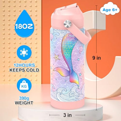 Girls Water Bottle with Straw,18 oz Kids Insulated Cups with Stainless Steel Leak Proof for School,Sport&Travel（Mermaid） - color: A19.Mermaid