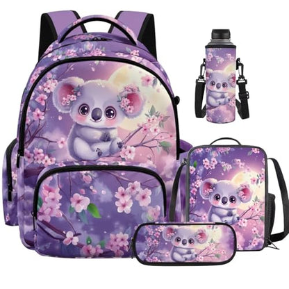 Purple Koala Backpack for Girls Boys Backpack with Lunch Box Water Bottle Carrier Kawaii Pencil Case 4 in 1 Cute Koala Bookbag for Kids 8-12 for Bring the School Supplies and Snacks Books - color: Cute Koala