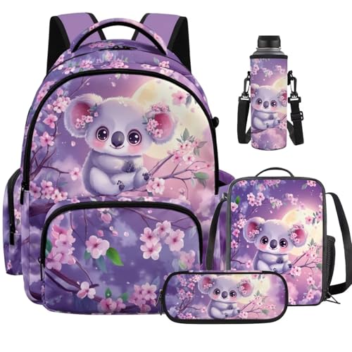 Purple Koala Backpack for Girls Boys Backpack with Lunch Box Water Bottle Carrier Kawaii Pencil Case 4 in 1 Cute Koala Bookbag for Kids 8-12 for Bring the School Supplies and Snacks Books - color: Cute Koala